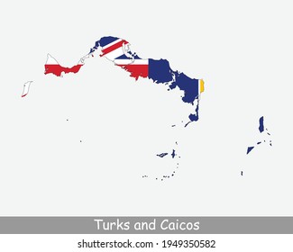 Turks and Caicos Map Flag. Map of TCI with flag isolated on a white background. British Overseas Territory.  Vector illustration.