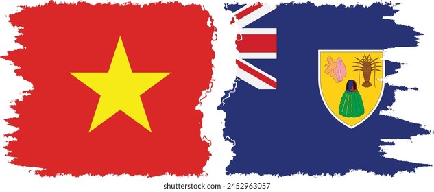 Turks and Caicos and Vietnam grunge flags connection, vector