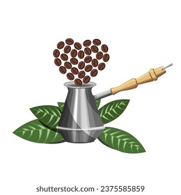 Turk's composition for coffee leaves and coffee beans in the shape of a heart, isolated on a white background.Vector illustration for coffee shop designs,textiles, paper.