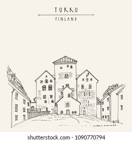Turku Castle (Turun Linna) in Turku, Finland, Scandinavia, Europe. Swedish castle built in the 13th century. Hand drawing. Travel sketch. Vintage touristic postcard, poster, book illustration. Vector svg