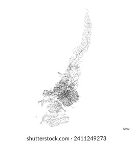 Turku city map with roads and streets, Finland. Vector outline illustration.