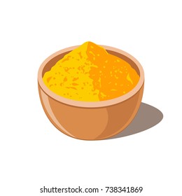 Turmeric in bowl. Curcumin powder. Isolated on white background top vew. Vector illustration flat design