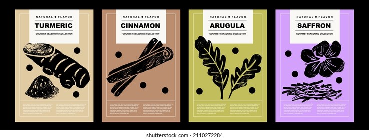 Turmeric, cinnamon, arugula, saffron. Set of posters of spices and herbs in a abstract draw design. Label or poster for food preparing and culinary. Simple, flat design. For poster, cover, banner. 