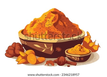 Turmeric, Curcuma dry powder in a bowl in cartoon style isolated on white background. Homeopathy ingredients, aromatic Asian cuisine, close-up watercolor hand-painted vector art painting illustration