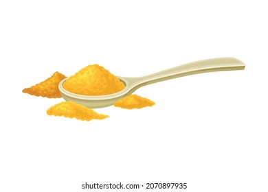 Turmeric or Curcuma Longa Dried Rhizome Powder in Spoon Used in Asian Cuisine Closeup Vector Illustration