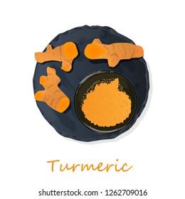 Turmeric (Curcuma longa Linn) set on plate. White background vector illustration.