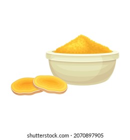 Turmeric or Curcuma Longa Sliced Rhizome and Powder in Bowl Closeup Vector Illustration
