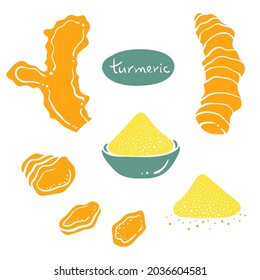 Turmeric, curcuma. Roots, slices and powder. Colorful paper cut collection of herbs and spices isolated on white background. Doodle hand drawn healthy food icons. Vector illustration