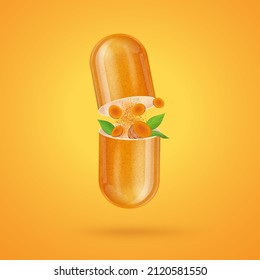 Turmeric (curcumin) open capsule vector illustration with turmeric root slices and leaves