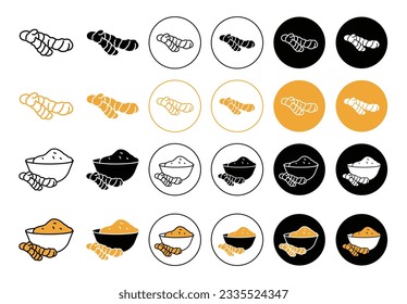 Turmeric icon set. ginger root powder line vector symbol in black and yellow color.