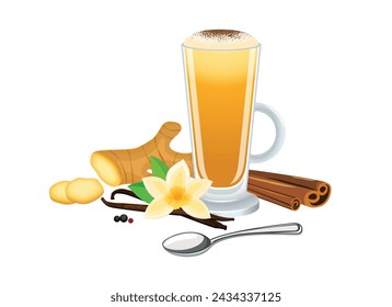 Turmeric latte with ginger, vanilla, cinnamon vector illustration. Golden turmeric latte with froth milk icon vector isolated on a white background. Golden milk in a tall glass with a handle drawing