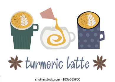 Montaje de latte de cúrcuma. Curcuma café con especias. Leche dorada caliente de otoño. Copa de bebida caliente saludable de los indios. Letras dibujadas a mano con estrella de anís.