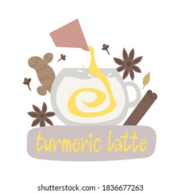 salpicadura de latte de cúrcuma. La taza de café con especias de Curcuma. Leche dorada caliente mezclada en la taza. Bebé caliente saludable indio. Estrellas anís, canela, cardamomo, raíz cúrcuma, clavos. Etiqueta con letras dibujadas a mano.