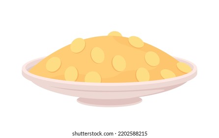 Turmeric on plate semi flat color vector object. Diwali rangoli ingredient. Editable element. Full sized item on white. Haldi simple cartoon style illustration for web graphic design and animation