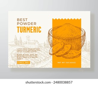 Turmeric Plant Powder Curry Food Label Template. Abstract Vector Packaging Design Layout. Modern Typography Banner with Hand Drawn Curcuma Spice and Rural Landscape Background Isolated