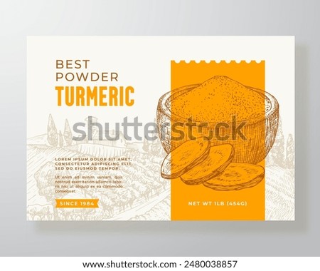 Turmeric Plant Powder Curry Food Label Template. Abstract Vector Packaging Design Layout. Modern Typography Banner with Hand Drawn Curcuma Spice and Rural Landscape Background Isolated