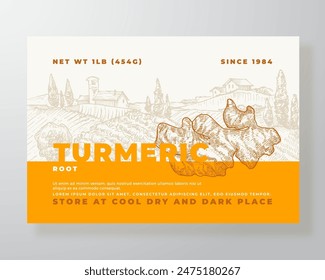 Turmeric Plant Root Curry Food Label Template. Abstract Vector Packaging Design Layout. Modern Typography Banner with Hand Drawn Curcuma Spice and Rural Landscape Background Isolated