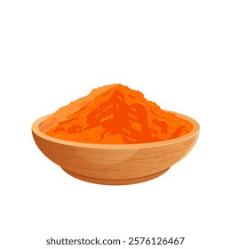 Turmeric powder in bowl in flat design. Culinary spice, orange dry condiment. Vector illustration isolated.