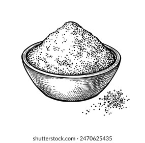 Turmeric powder in a bowl. Hand drawn ink sketch isolated. Vintage style.