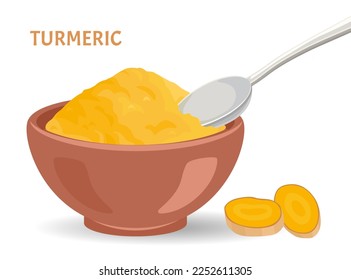 Turmeric powder in bowl with metal spoon and root slices  isolated on white. Vector illustration of healthy food in flat, simple style. Cooking spice ingredient.