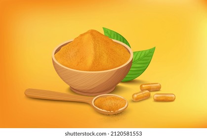 Turmeric powder and capsule vector illustration