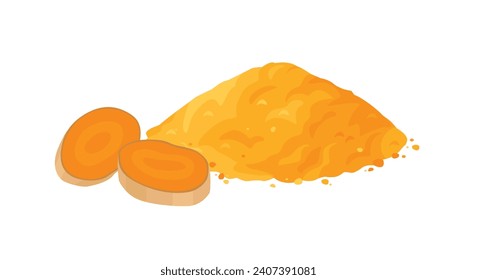 Turmeric powder pile and sliced turmeric root. Vector cartoon flat illustration spicy spice seasoning. 