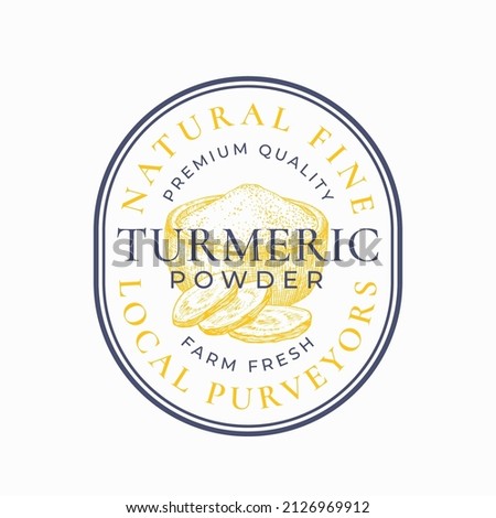 Turmeric Powder Purveyors Frame Badge or Logo Template. Hand Drawn Curcrmin Plant Spice and Root Slices Sketch with Retro Typography and Borders. Vintage Premium Emblem Isolated Stock photo © 
