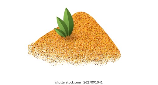 Turmeric  powder spice pile with fresh leaves, cumbly splash, spicy cooking ingredients.  Dot particle texture. Curcuma, curry, orange abstract pattern. Isolated vector on white background