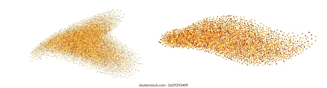 Turmeric powder splash, wave swirl and heart shape. Spice texture, particle scatter, curcuma, curry spicy cooking. Isolated vector on white background.