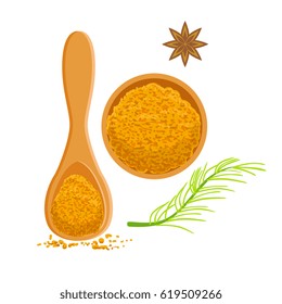 Turmeric powder in a wooden bowl and scoop. Colorful cartoon illustration