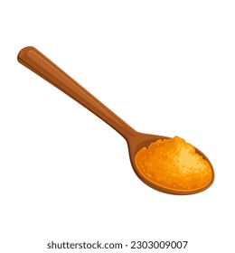 Turmeric powder in wooden spoon vector illustration. Cartoon isolated wood spatula with handle and spice for cooking, organic orange flour of turmeric for using in culinary, Ayurveda medicine