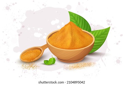 Turmeric Power in a wooden bowl with turmeric leaves vector illustration 