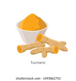 Turmeric rhizome and powder in flat design vector illustration isolated on white background.