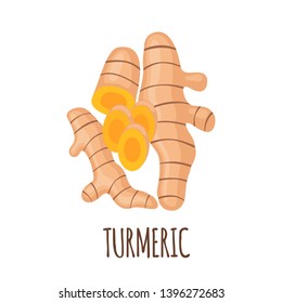 Turmeric Root Icon In Flat Style Isolated On White Background. Natural Flavor Curcuma. Superfood Turmeric Medical Herbal Spice. Vector Illustration.