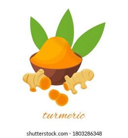 Turmeric root, leaves and powder in ceramic plat, isolated on white background. Vector cartoon illustration.