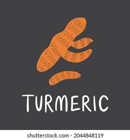 Turmeric root with lettering. Flat hand drawn fresh spice for healthy food isolated on dark background.