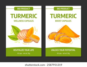 Turmeric Root Nature Wellness Capsule Label Design Vector Template