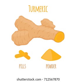 Turmeric root, organic spice, slices, powder, pills. Herbal food. Made in cartoon flat style. Vector illustration