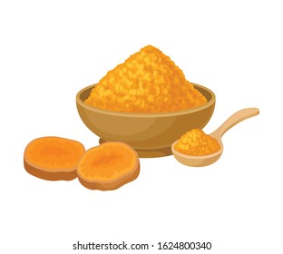 Turmeric Root and Powder in Ceramic Bowl Isolated on White Background