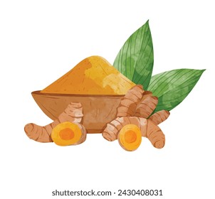 Turmeric root and powder Design elements. watercolour style vector illustration.