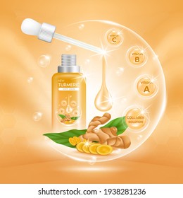 Turmeric root Serum Extract, Collagen and Vitamin. Oil for skin care herb organic medical. Realistic Vector EPS10.