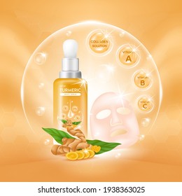 Turmeric root Serum Extract, Collagen and Vitamin. Oil for skin care herb organic medical. Realistic Vector EPS10.