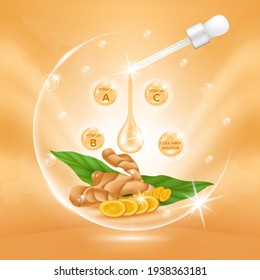 Turmeric root Serum Extract, Collagen and Vitamin. Oil for skin care herb organic medical. Realistic Vector EPS10.