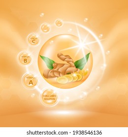 Turmeric root Serum Extract, Collagen and Vitamin. Oil for skin care herb organic medical. Realistic Vector EPS10.