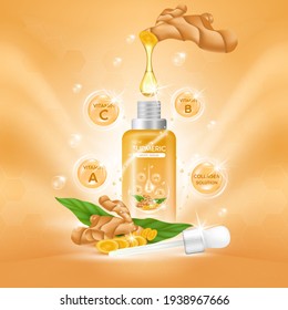 Turmeric root Serum Extract, Collagen and Vitamin. Oil for skin care herb organic medical. Realistic Vector EPS10.