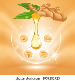 Turmeric root Serum Extract, Collagen and Vitamin. Oil for skin care herb organic medical. Realistic Vector EPS10.