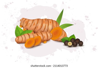 Turmeric root vector illustration with vegetable pieces and black pepper seeds