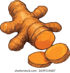 Turmeric Root Vector – Realistic Botanical Illustration of Herbal Spice