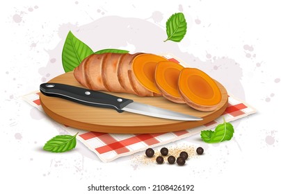 Turmeric root vegetable slices vector illustration with turmeric slices and knife on wooden chopping board