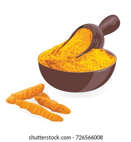 Turmeric roots and powderin in a bowl on a white background vector illustration